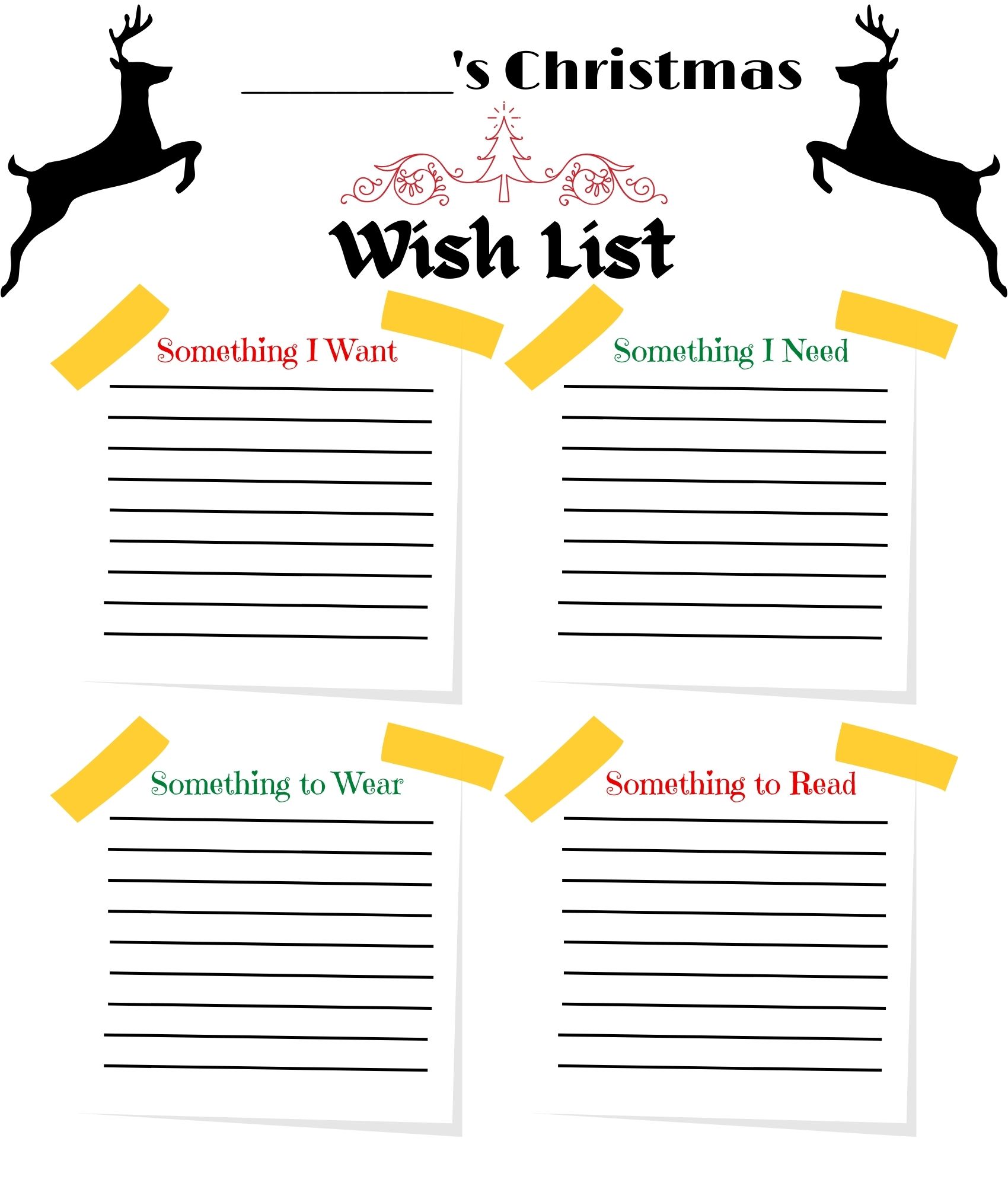 Free Printable Want Need Wear Read Christmas Wish List