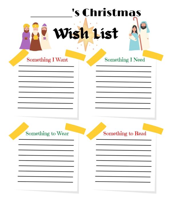 Free Printable "Want, Need, Wear, Read" Christmas Wish List