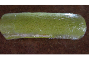 Pandan Mango Roll Cake: Wrap in Plastic Wrap